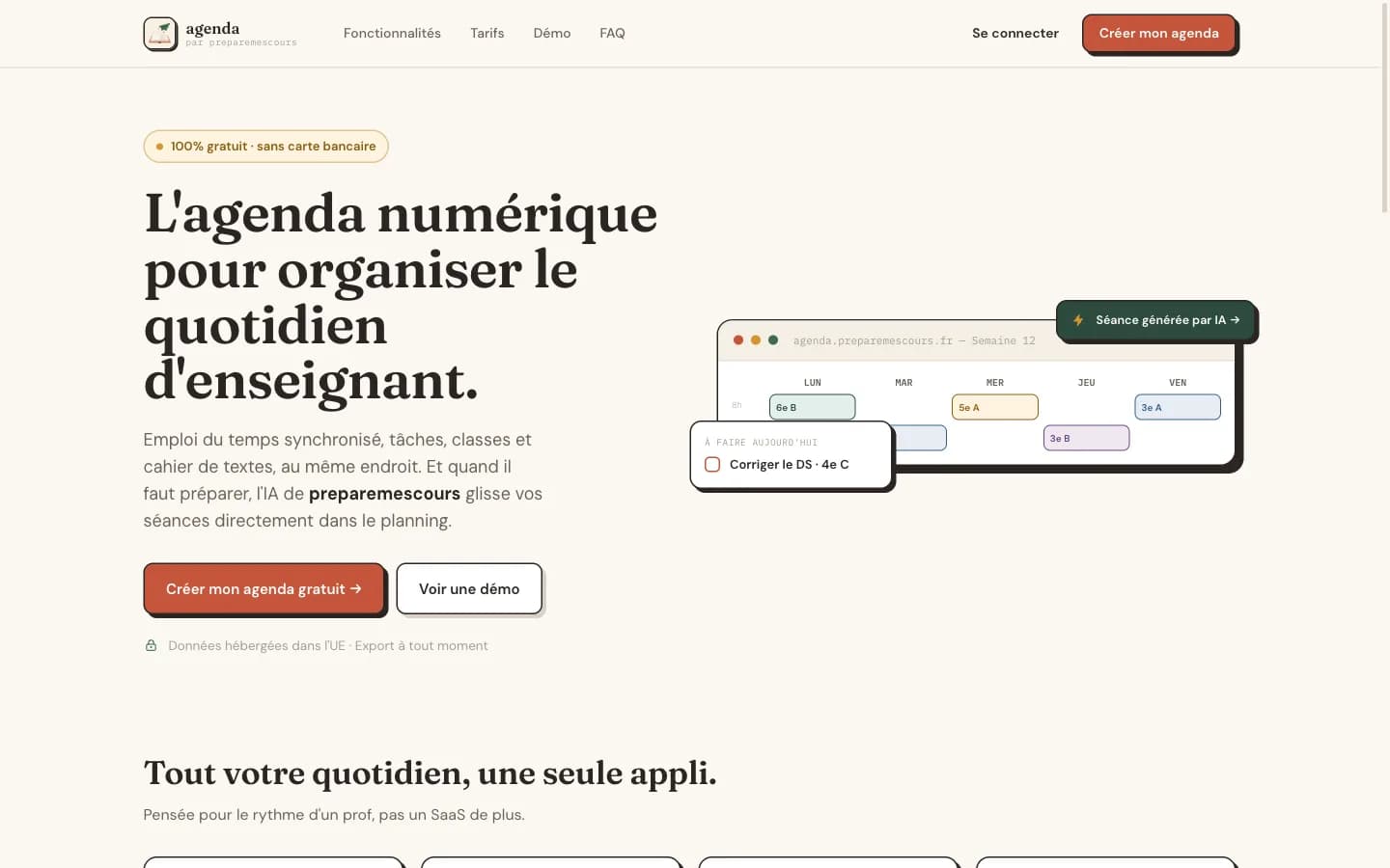 The Agenda landing page at agenda.preparemescours.fr, showing a free online planner for teachers with a synced timetable and lesson log.