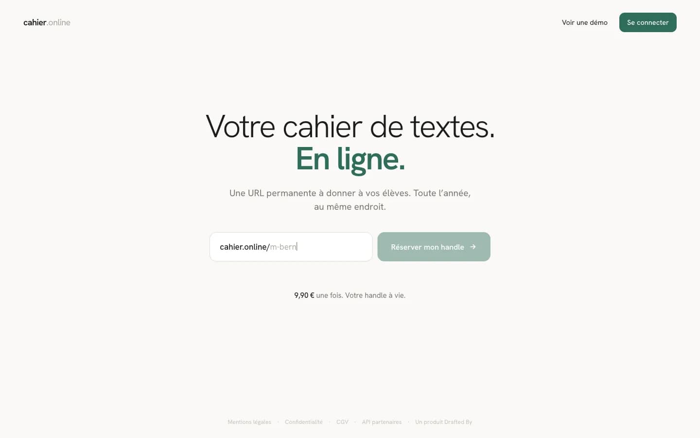 The cahier.online landing page, showing a permanent online homework page teachers can share with a class.