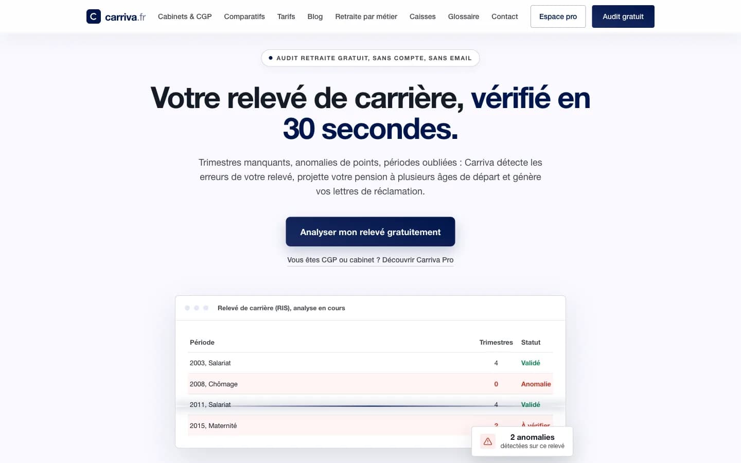 The Carriva.fr landing page, showing the free retirement career-statement audit with instant anomaly detection.