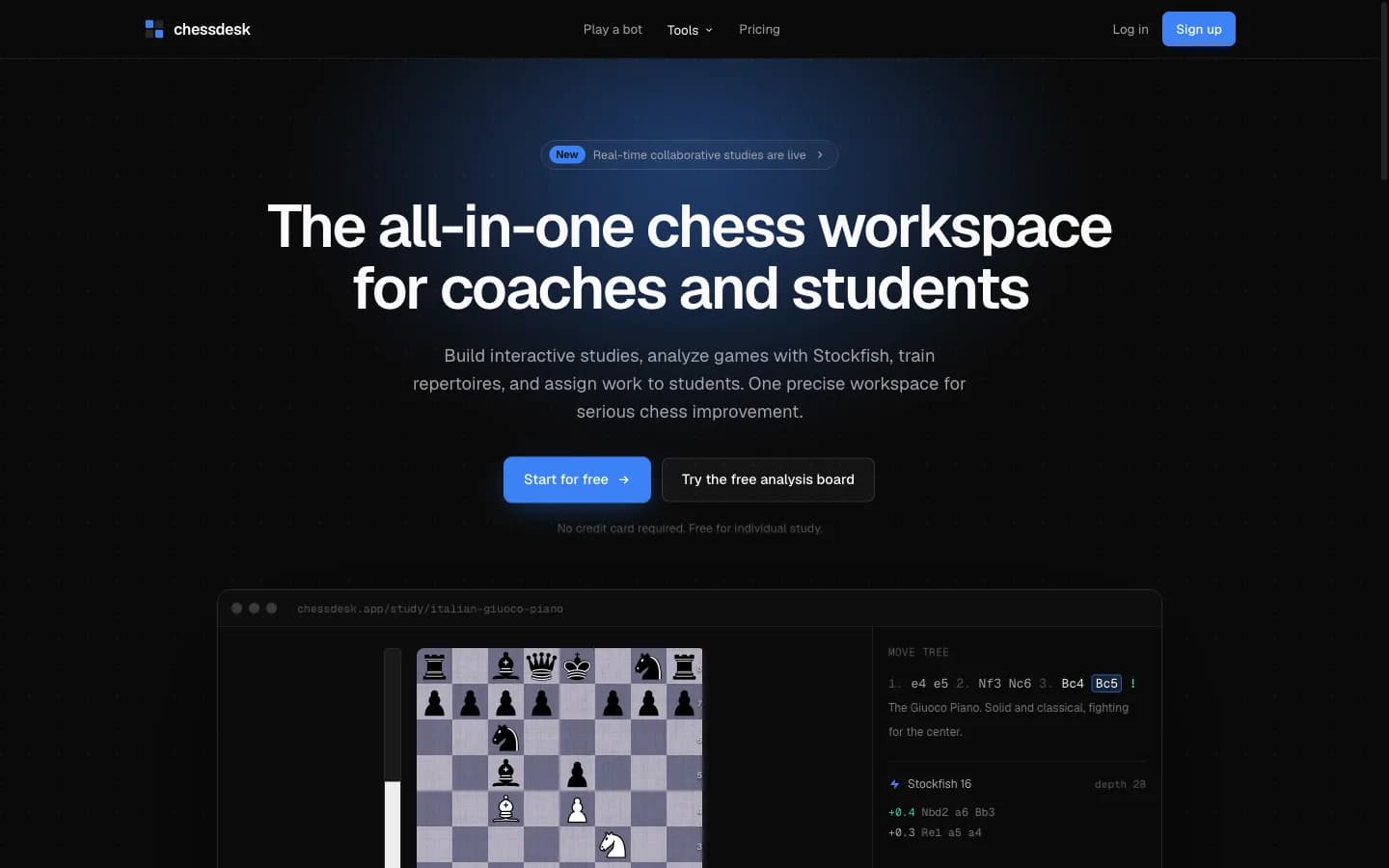 The ChessDesk landing page at chessdesk.app, showing the shared study space for coaches and students.