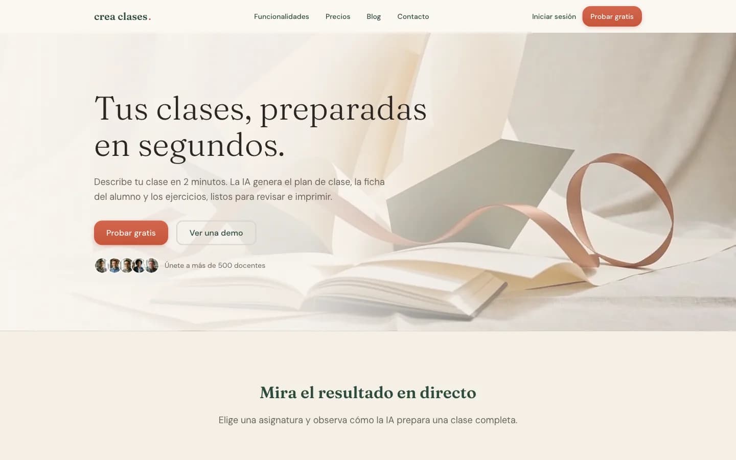 The CreaClases landing page at creaclases.com, showing AI lesson planning for Spanish-speaking teachers.
