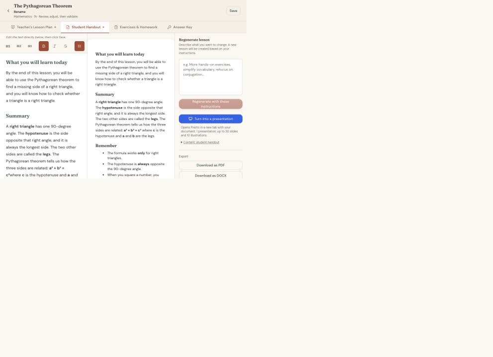 Draft My Lesson's prepared Pythagorean theorem demo: editable student handout, document preview and PDF and DOCX export controls.