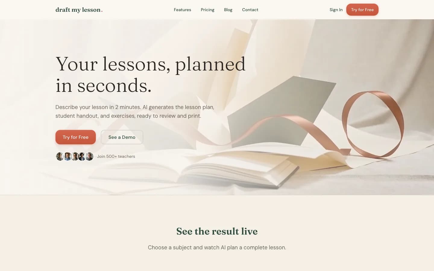 The Draft My Lesson landing page at draftmylesson.com, showing the AI lesson-planning workflow shared across the four market editions.