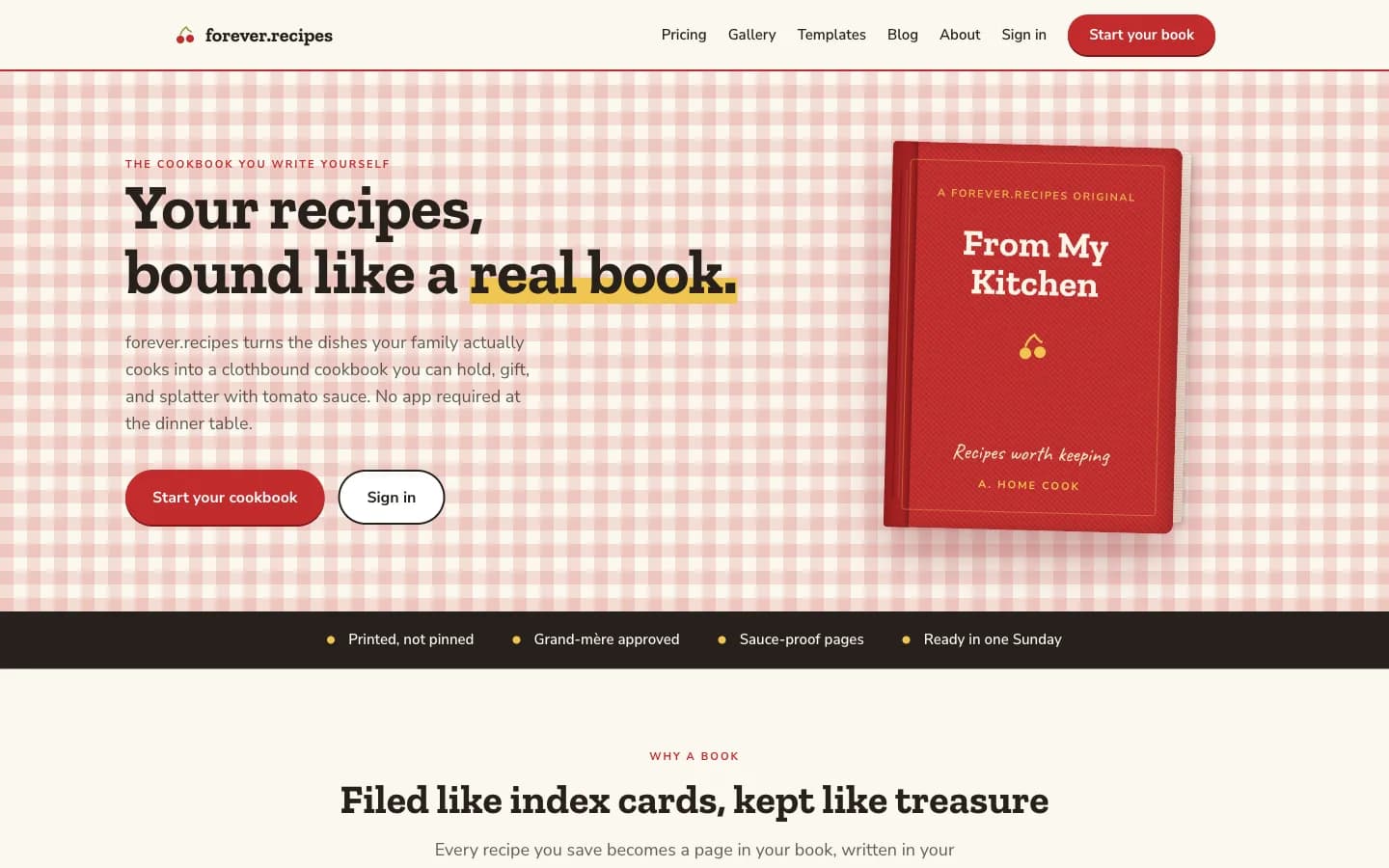 The forever.recipes landing page, showing a clothbound family cookbook built from your own recipes.