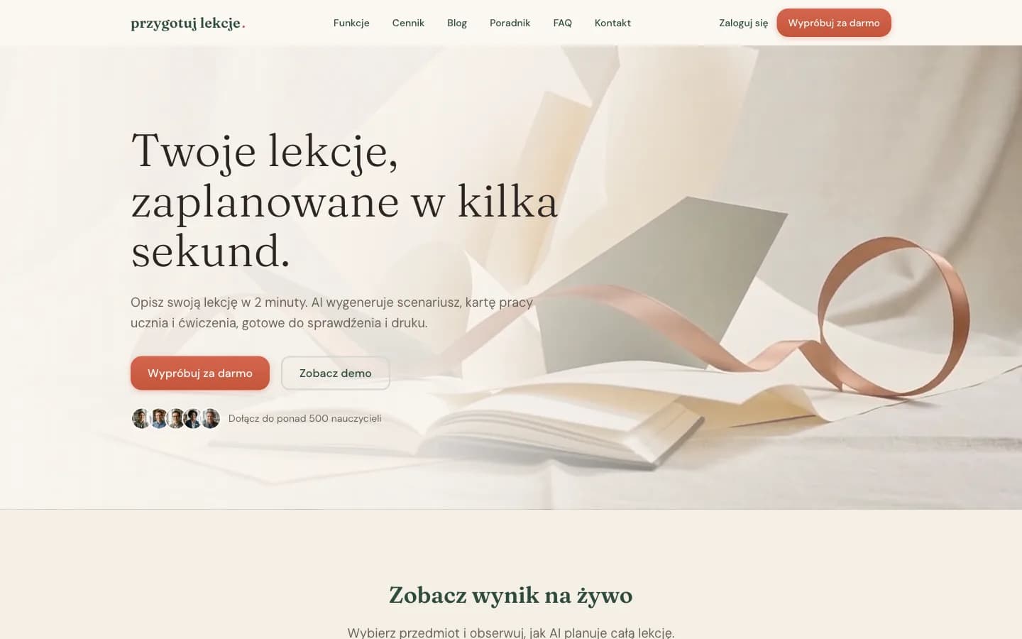The Przygotuj Lekcje landing page at przygotujlekcje.pl, showing AI lesson planning for Polish teachers.