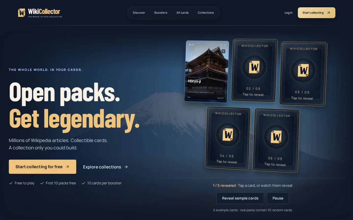 The WikiCollector landing page, showing a pack of Wikipedia cards being revealed under the headline Open packs. Get legendary.