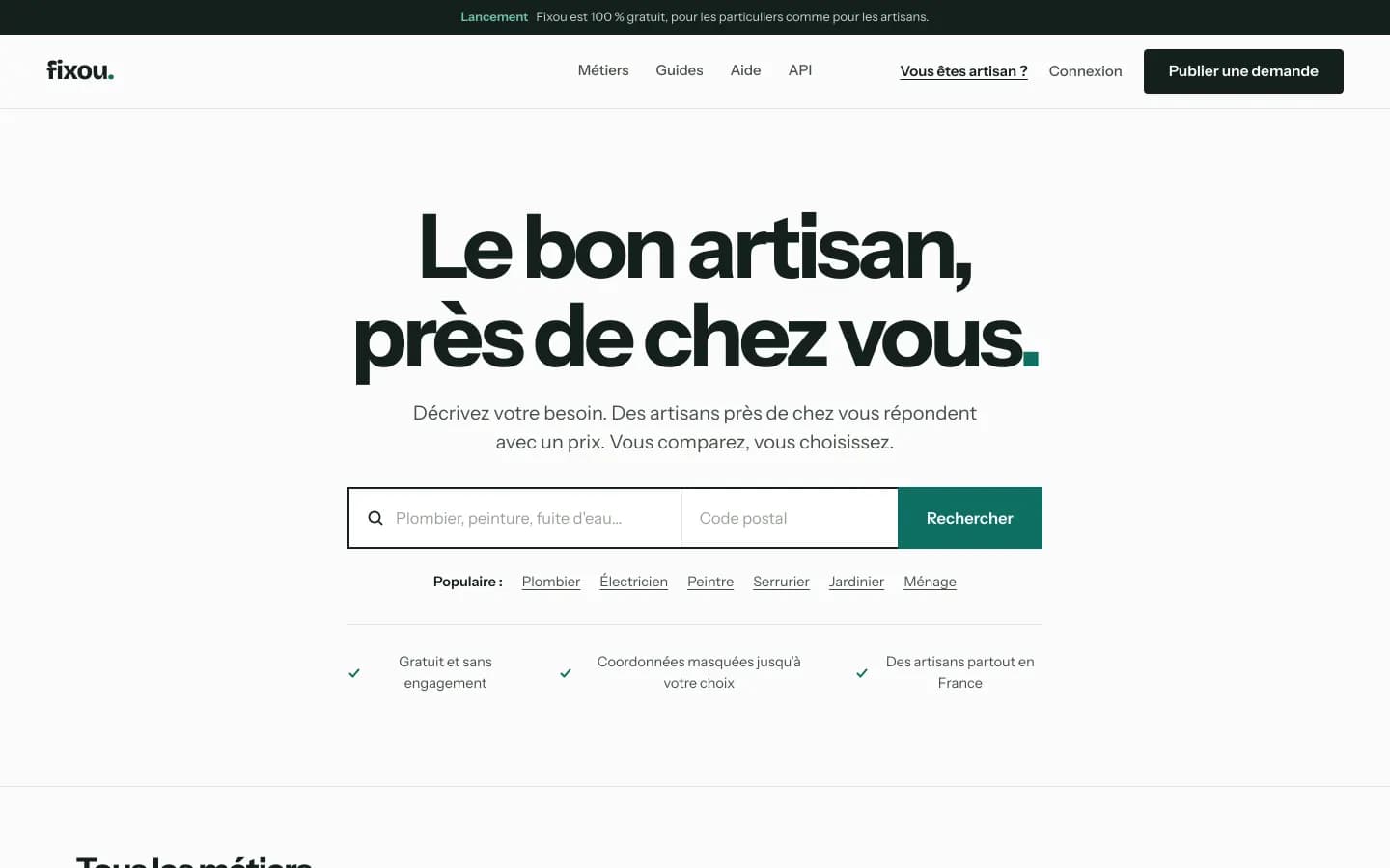 The Fixou landing page at fixou.fr, showing the search that connects homeowners with tradespeople near them.