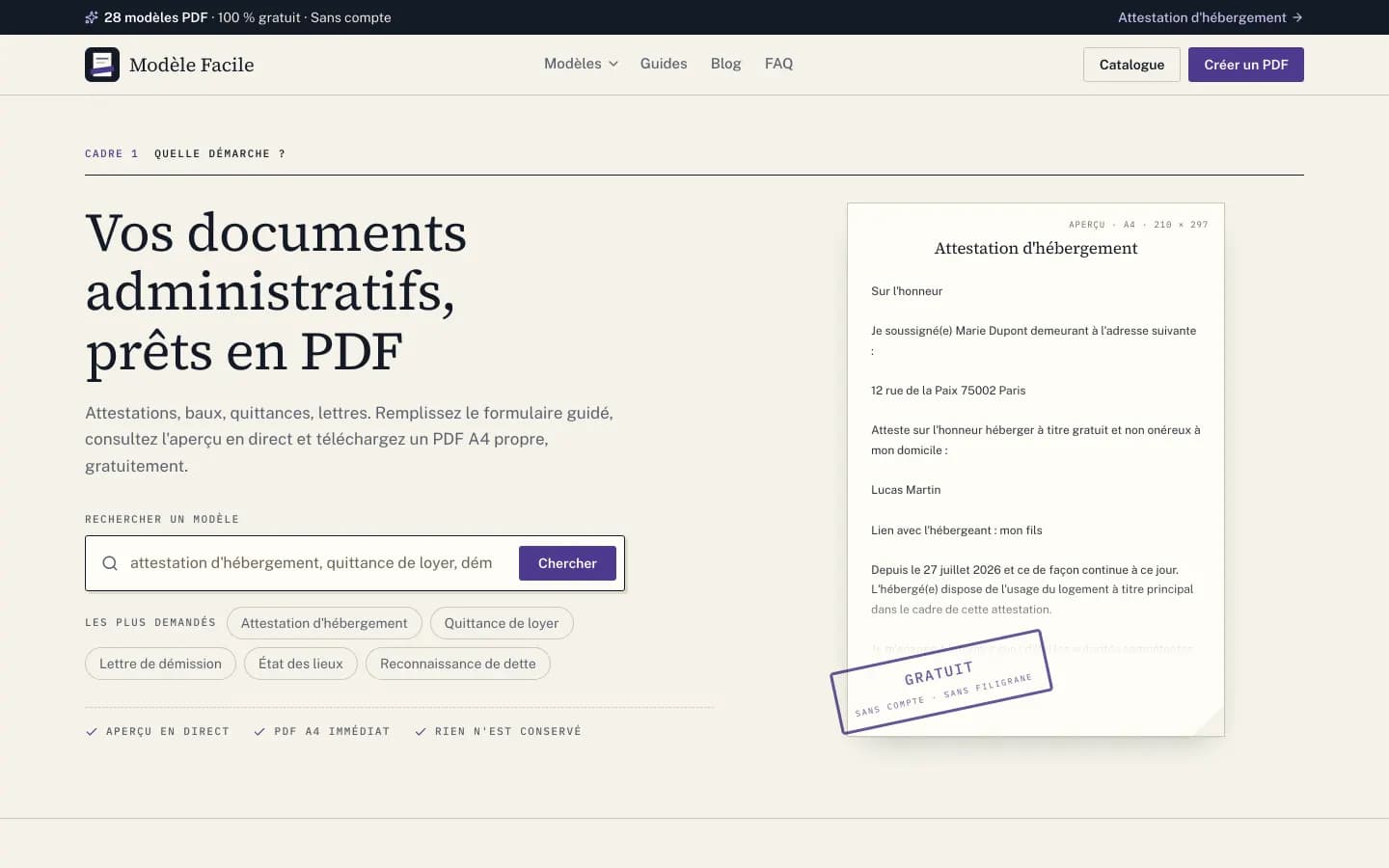 The Modele Facile landing page at modelefacile.fr, showing free French administrative documents generated as PDFs.