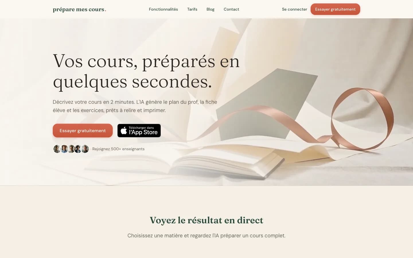 The Prépare Mes Cours landing page at preparemescours.fr, showing AI lesson preparation for French teachers.