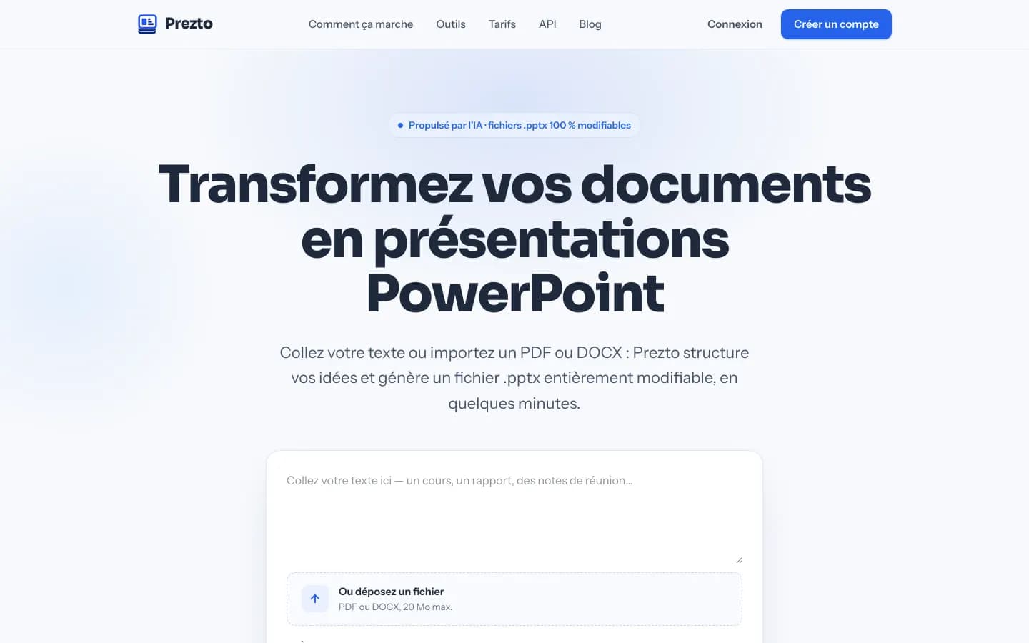 The Prezto landing page at prezto.fr, showing text or documents turned into editable PowerPoint decks.