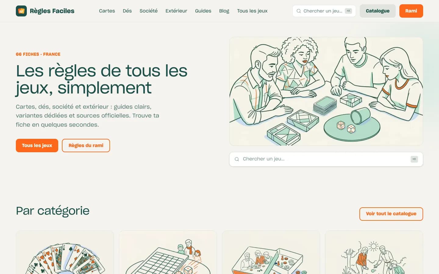The Regles Faciles landing page at reglesfaciles.fr, showing clearly written rules for card, dice and board games.