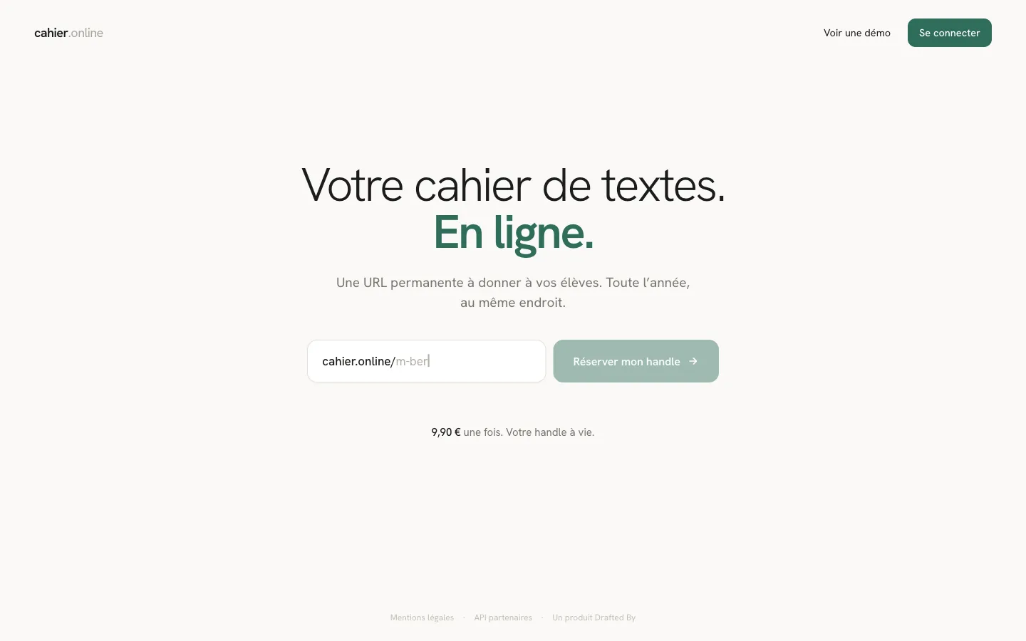 The cahier.online landing page, showing a permanent online homework page teachers can share with a class.