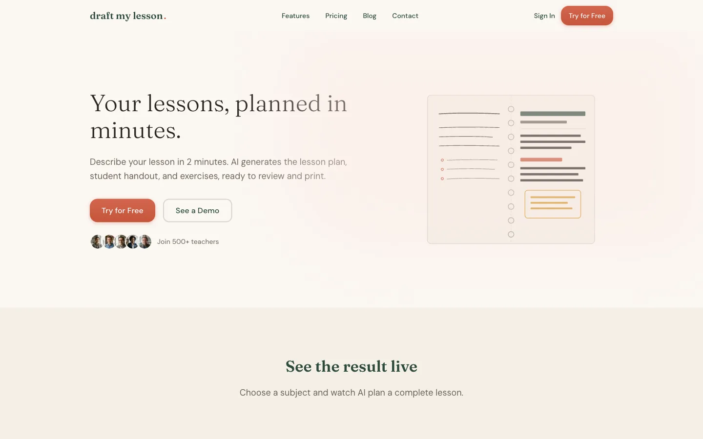 The Draft My Lesson landing page at draftmylesson.com, showing the AI lesson-planning workflow shared across the four market editions.